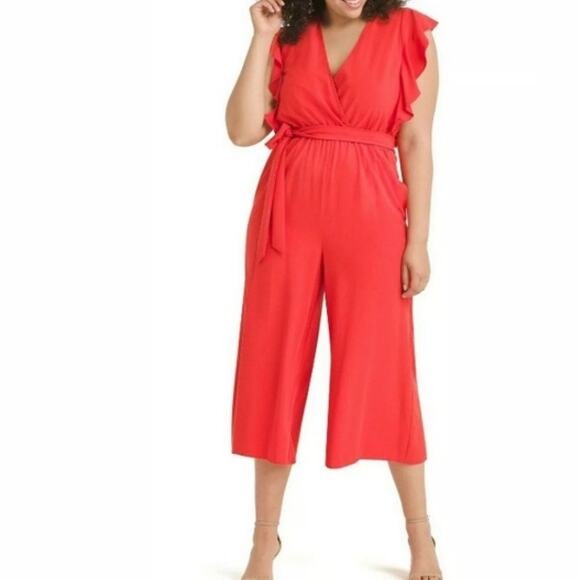 ANTHROPOLOGIE x HUTCH Crepe Flutter Sleeve Wide Leg Jumpsuit Tomato Red {3Q10} - Picture 1 of 8